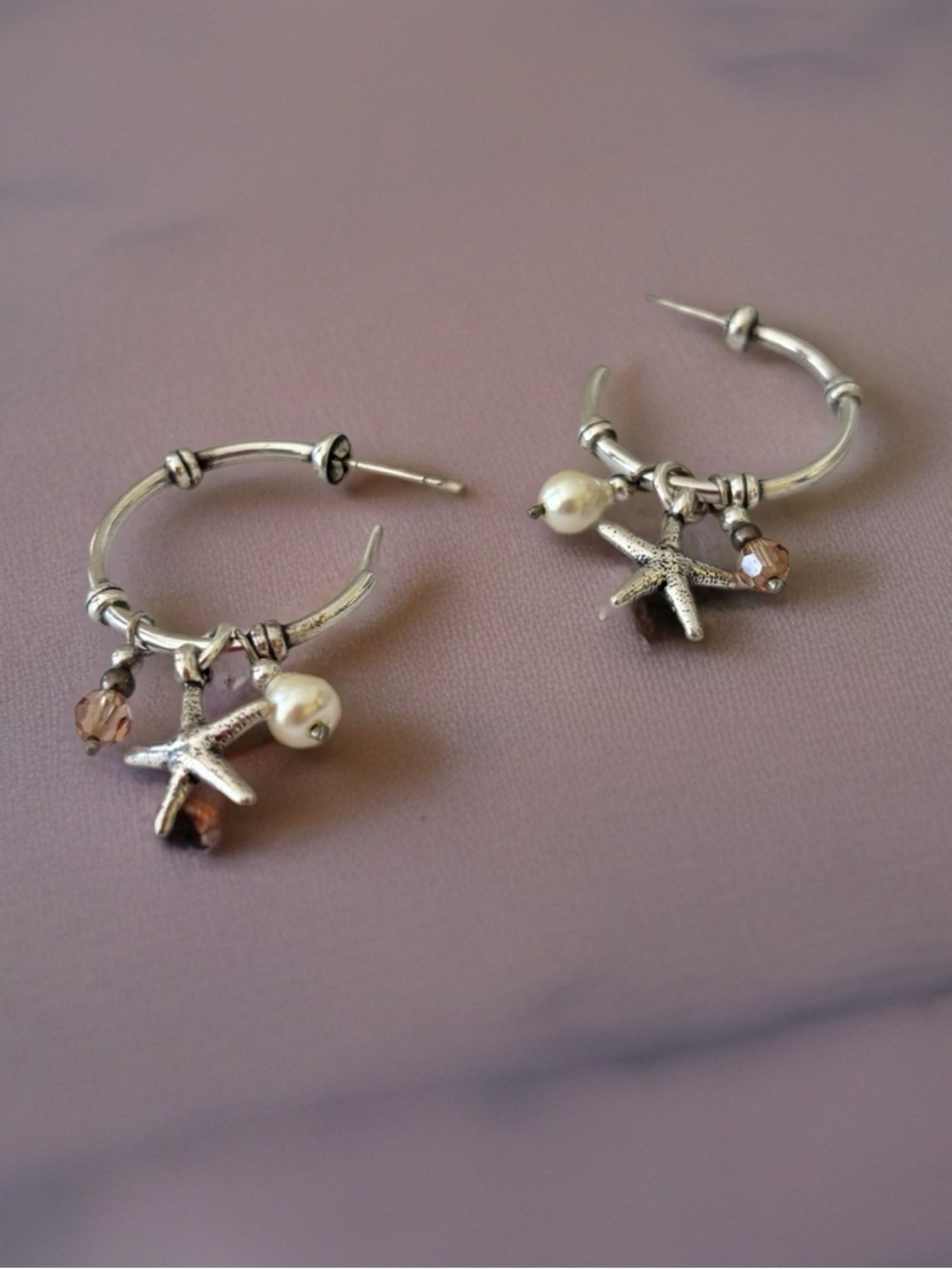 Brighton Silver Starfish Hoop Earrings with Pearl and Light Brown Crystals